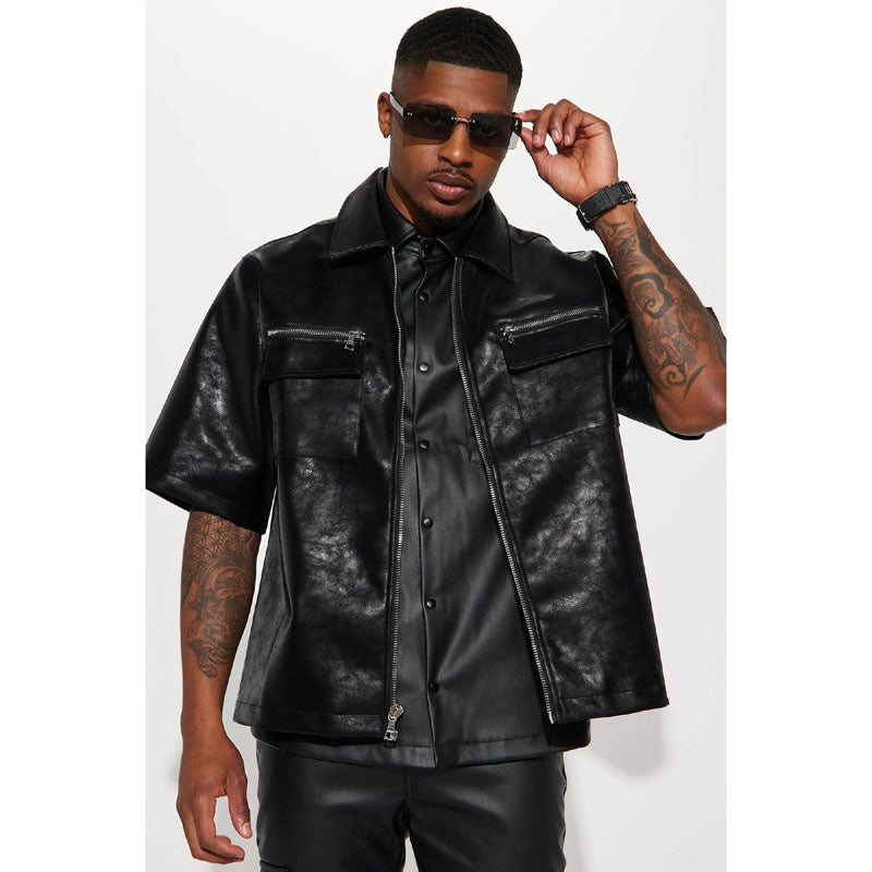 Men's Leather Zip Up Short Sleeve Shirt in Black - AMSEL LEATHERS