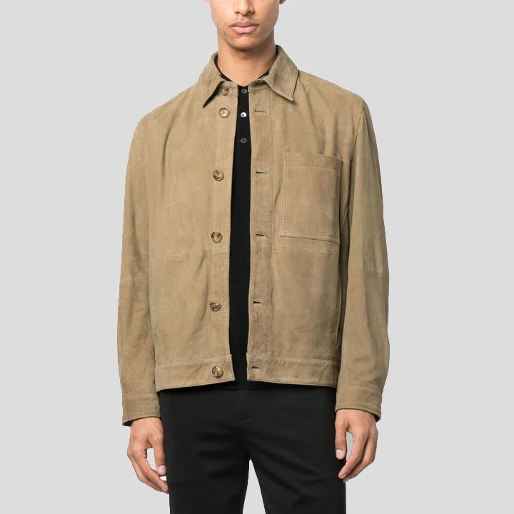 Men's Light Olive Green Suede Leather Shirt - AMSEL LEATHERS