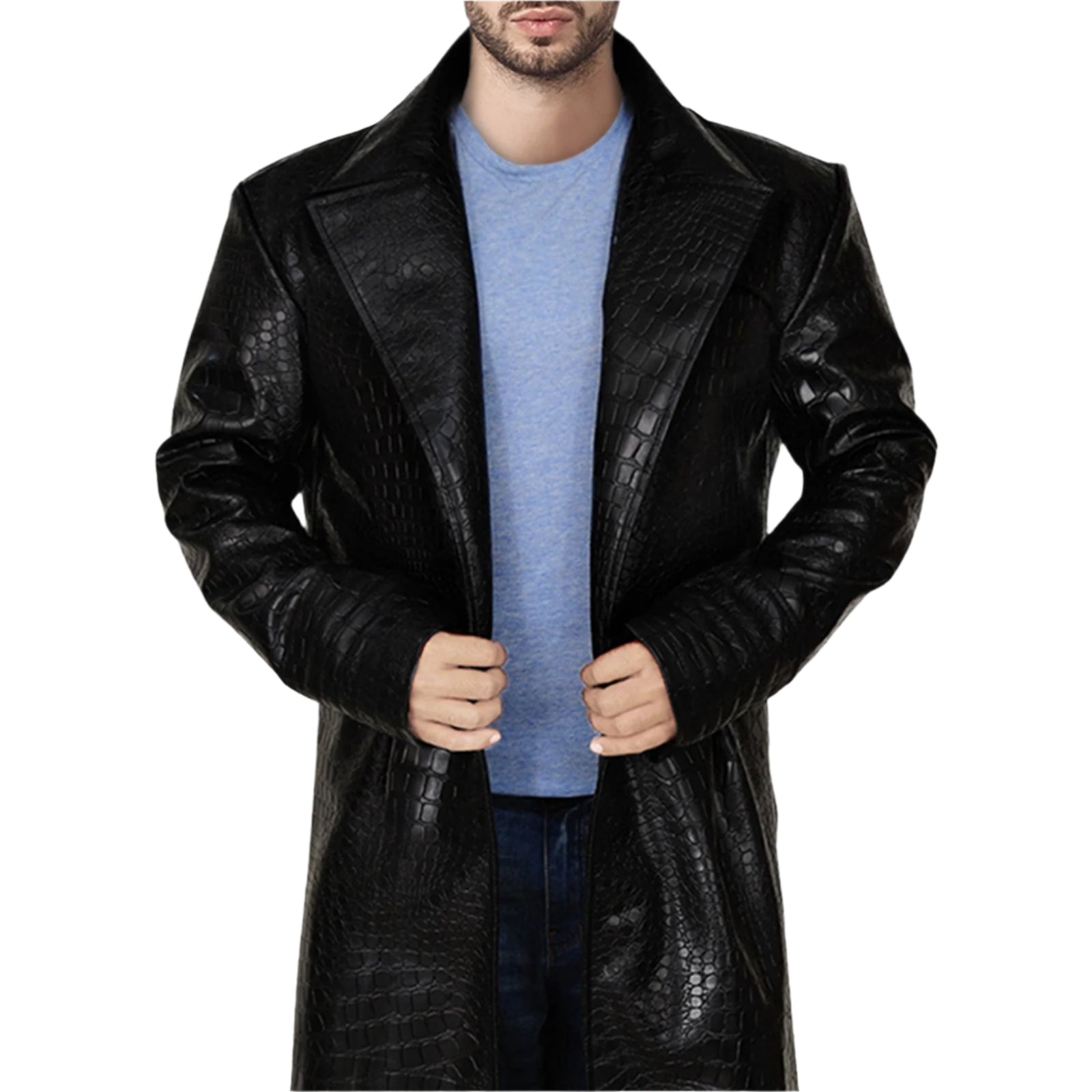 Men’s Long Black Alligator Faux Leather Coat - AMSEL LEATHERS