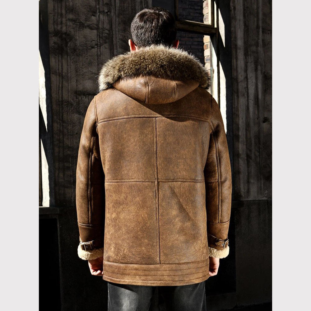 Men's Genuine Leather Long Hooded Shearling Coat - AMSEL LEATHERS