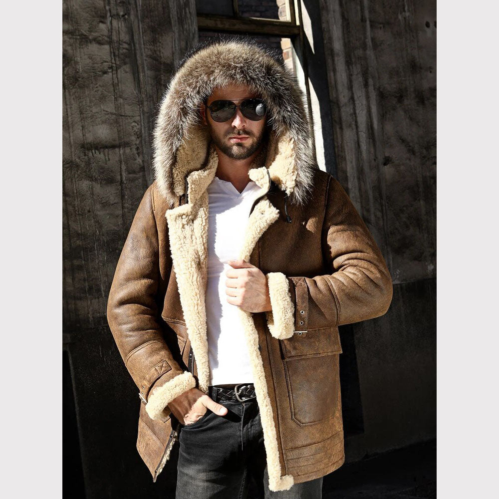 Men's Genuine Leather Long Hooded Shearling Coat - AMSEL LEATHERS