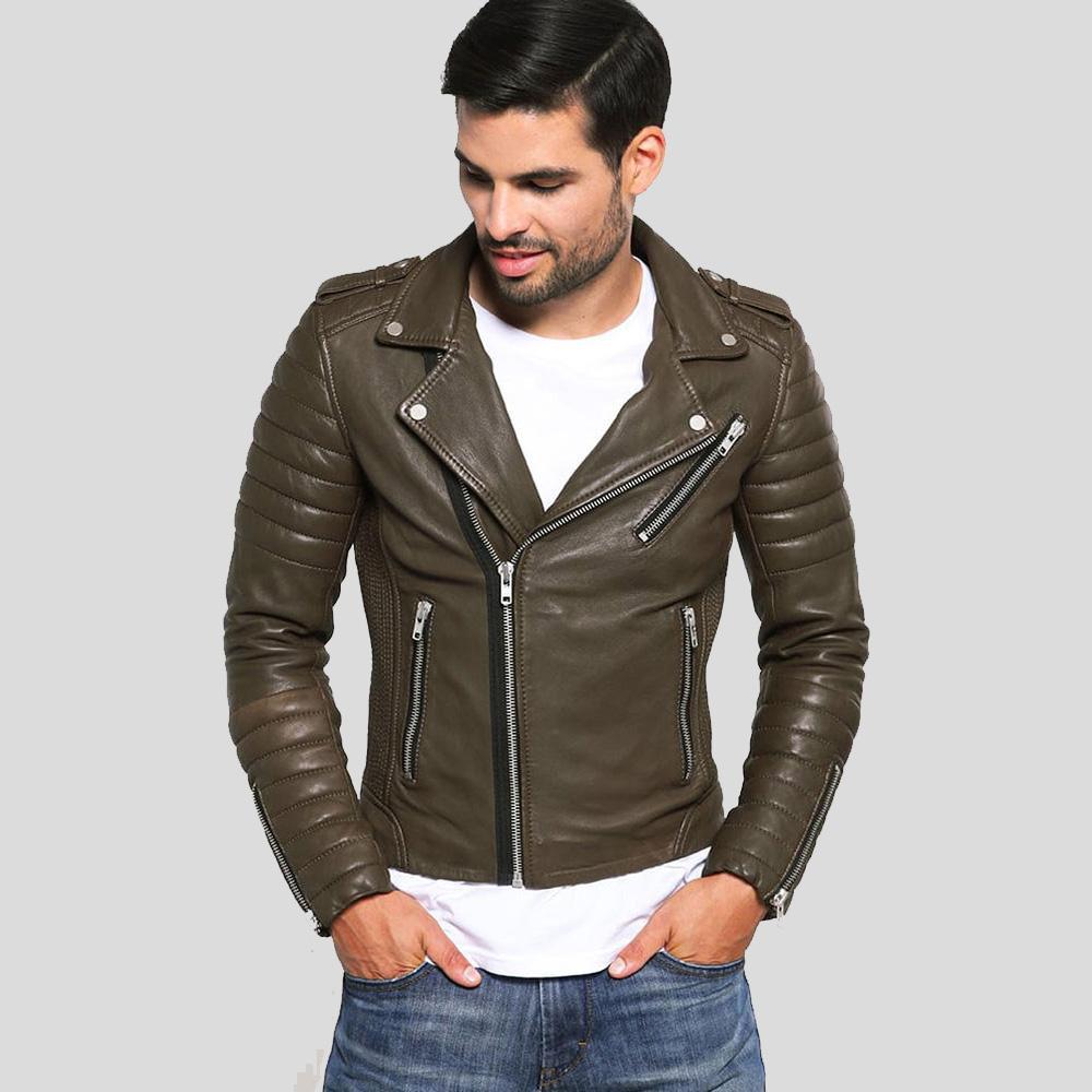 men’s green cowhide leather quilted jacket front view