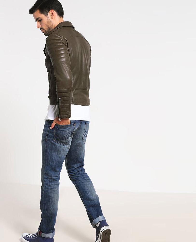 men’s green cowhide leather quilted jacket side angle