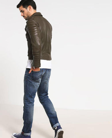 men’s green cowhide leather quilted jacket side angle
