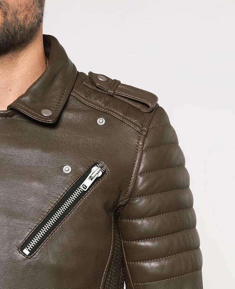 men’s green cowhide leather quilted jacket back view