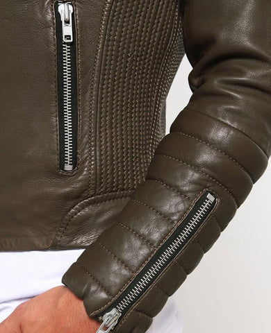 men’s green cowhide leather quilted jacket detail view