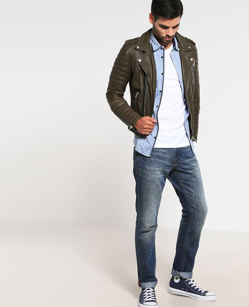 men’s green cowhide leather quilted jacket product view