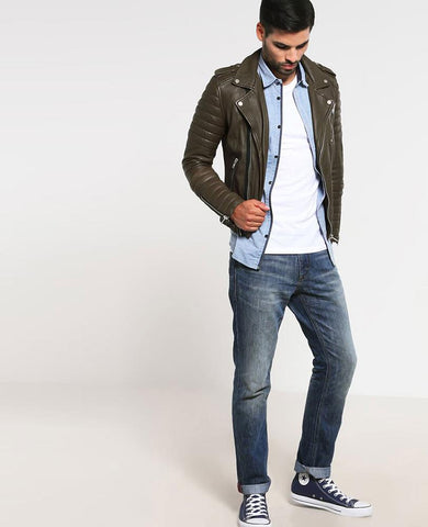 men’s green cowhide leather quilted jacket product view