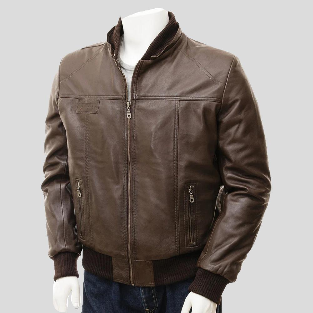 men's black hooded lambskin leather bomber jacket nolan front view