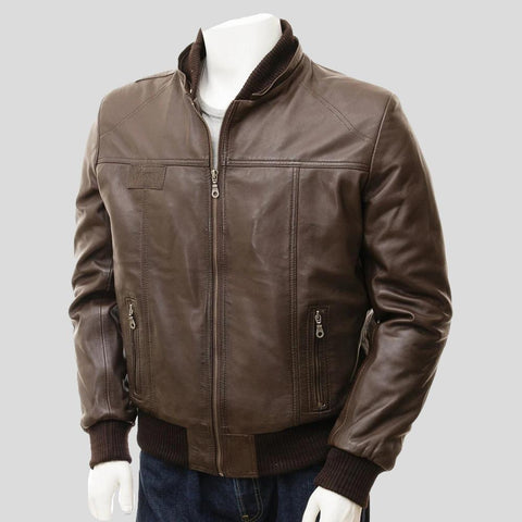 men's black hooded lambskin leather bomber jacket nolan front view