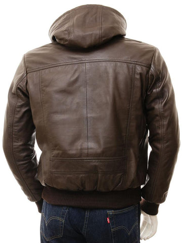 men's black hooded lambskin leather bomber jacket nolan back view