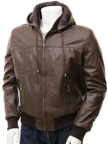 men's black hooded lambskin leather bomber jacket nolan detail close up