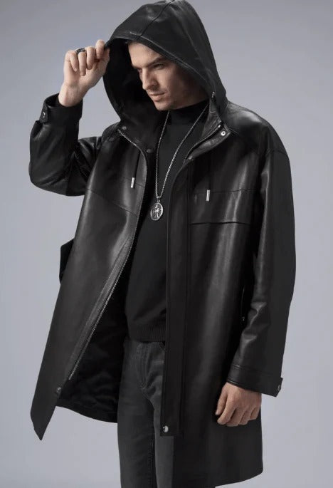 Men's Mid-Length Black Leather Coat with Hood - AMSEL LEATHERS