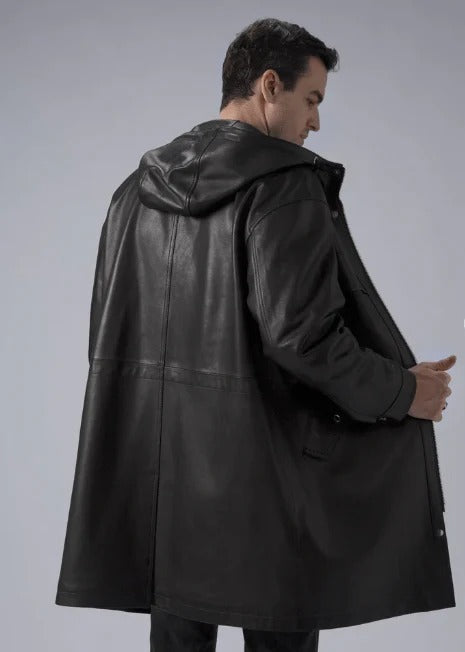 Men's Mid-Length Black Leather Coat with Hood - AMSEL LEATHERS