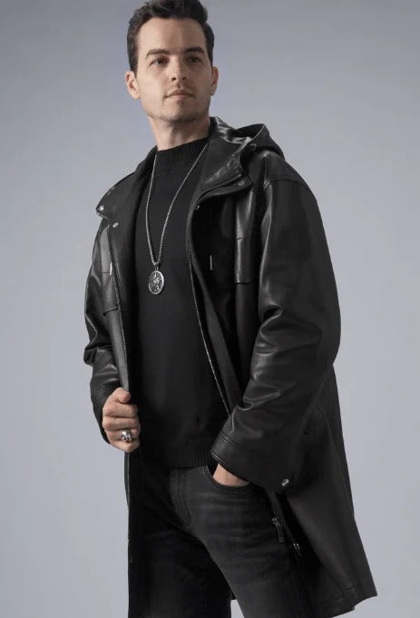 Men's Mid-Length Black Leather Coat with Hood - AMSEL LEATHERS