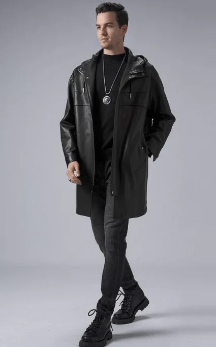 Men's Mid-Length Black Leather Coat with Hood - AMSEL LEATHERS