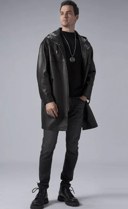 Men's Mid-Length Black Leather Coat with Hood - AMSEL LEATHERS