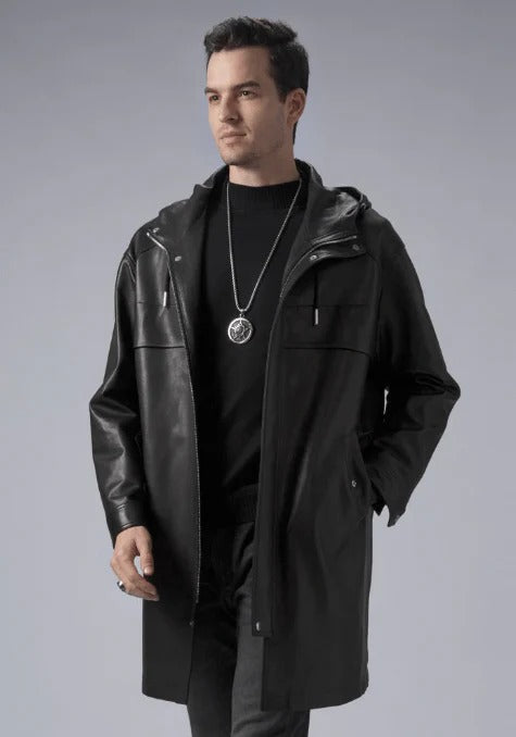 Men's Mid-Length Black Leather Coat with Hood - AMSEL LEATHERS