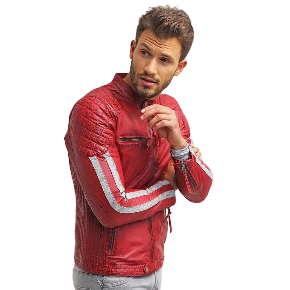men's red quilted leather leather jacket dorian front view