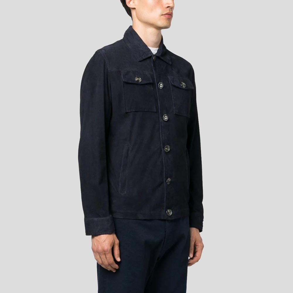 Men's Navy Blue Buttoned Suede Leather Shirt Jacket - AMSEL LEATHERS