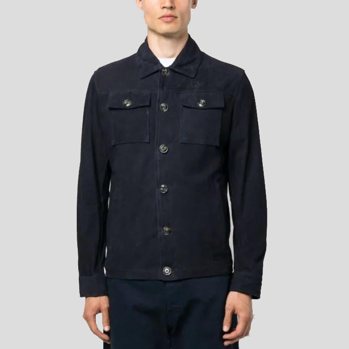 Men's Navy Blue Buttoned Suede Leather Shirt Jacket - AMSEL LEATHERS