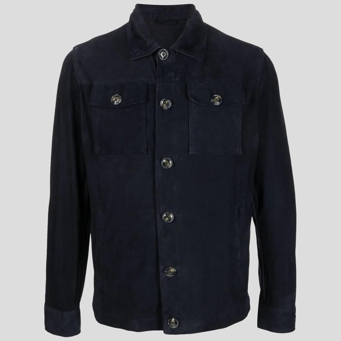 Men's Navy Blue Buttoned Suede Leather Shirt Jacket - AMSEL LEATHERS