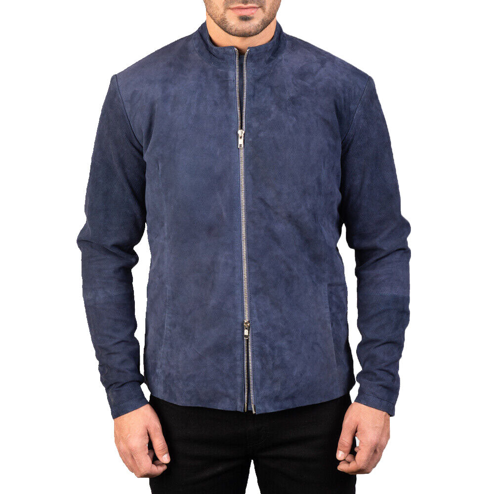 Men's Navy Blue Suede Biker Jacket - AMSEL LEATHERS