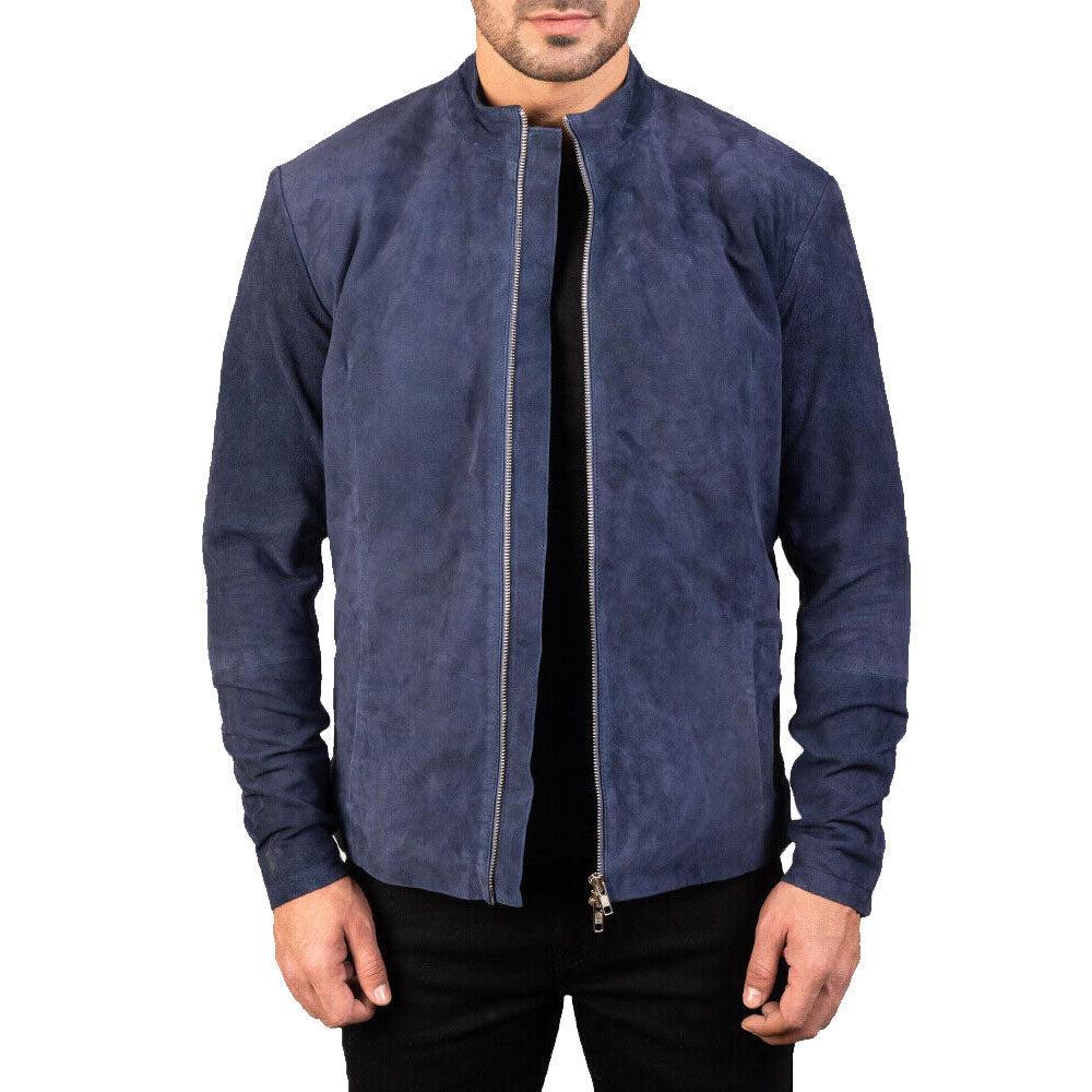 Men's Navy Blue Suede Biker Jacket - AMSEL LEATHERS