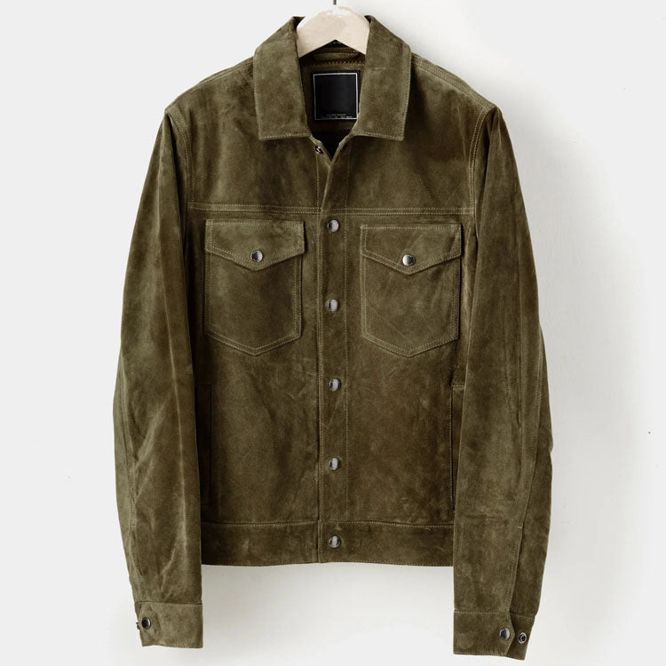 Men's Olive Suede Leather Snap Shirt Jacket - AMSEL LEATHERS