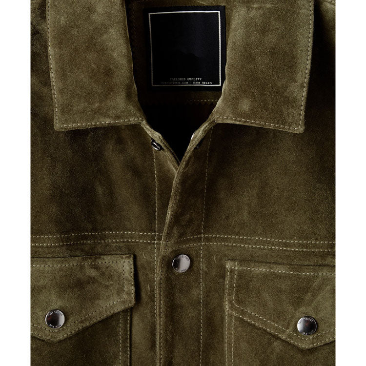 Men's Olive Suede Leather Snap Shirt Jacket - AMSEL LEATHERS