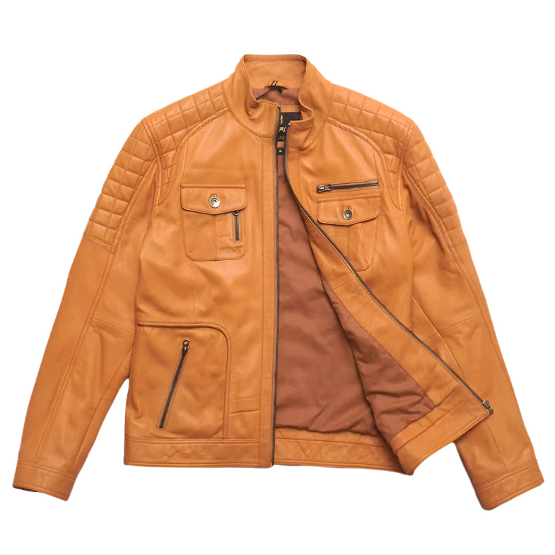 Men's Orange Lamb Leather Biker Jacket - AMSEL LEATHERS