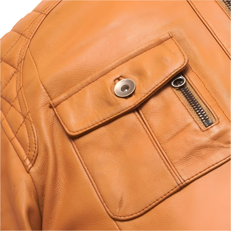 Men's Orange Lamb Leather Biker Jacket - AMSEL LEATHERS