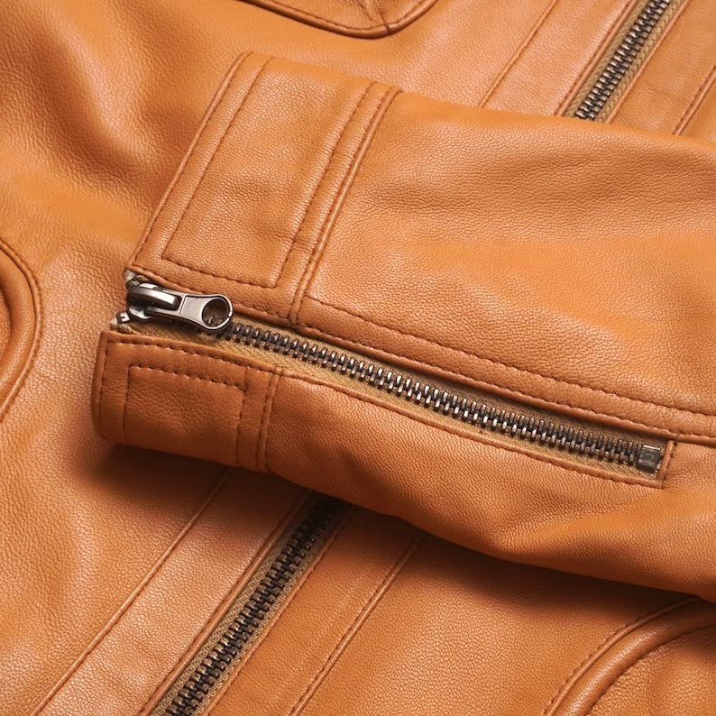 Men's Orange Lamb Leather Biker Jacket - AMSEL LEATHERS