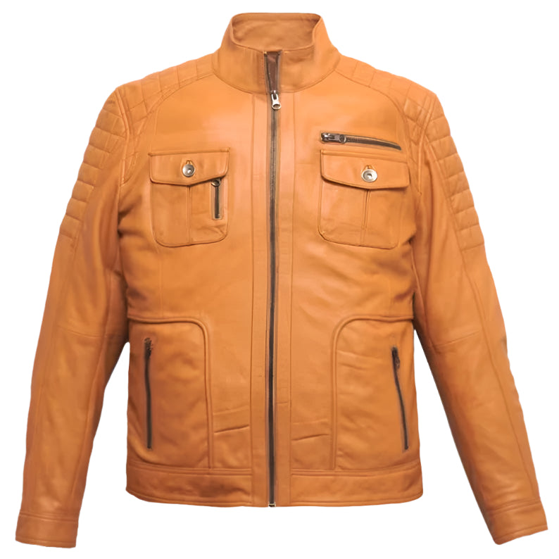 Men's Orange Lamb Leather Biker Jacket - AMSEL LEATHERS