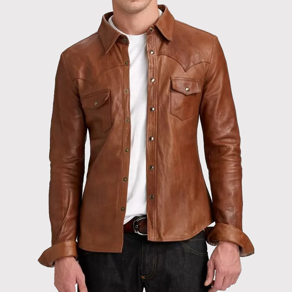 Premium Men's Real Sheepskin Brown Leather Shirt - AMSEL LEATHERS