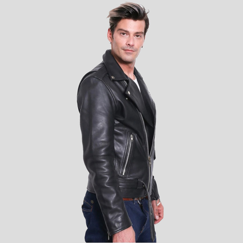 Men's Premium Buffalo Leather Motorcycle Jacket - Winter Biker Brando Style - AMSEL LEATHERS