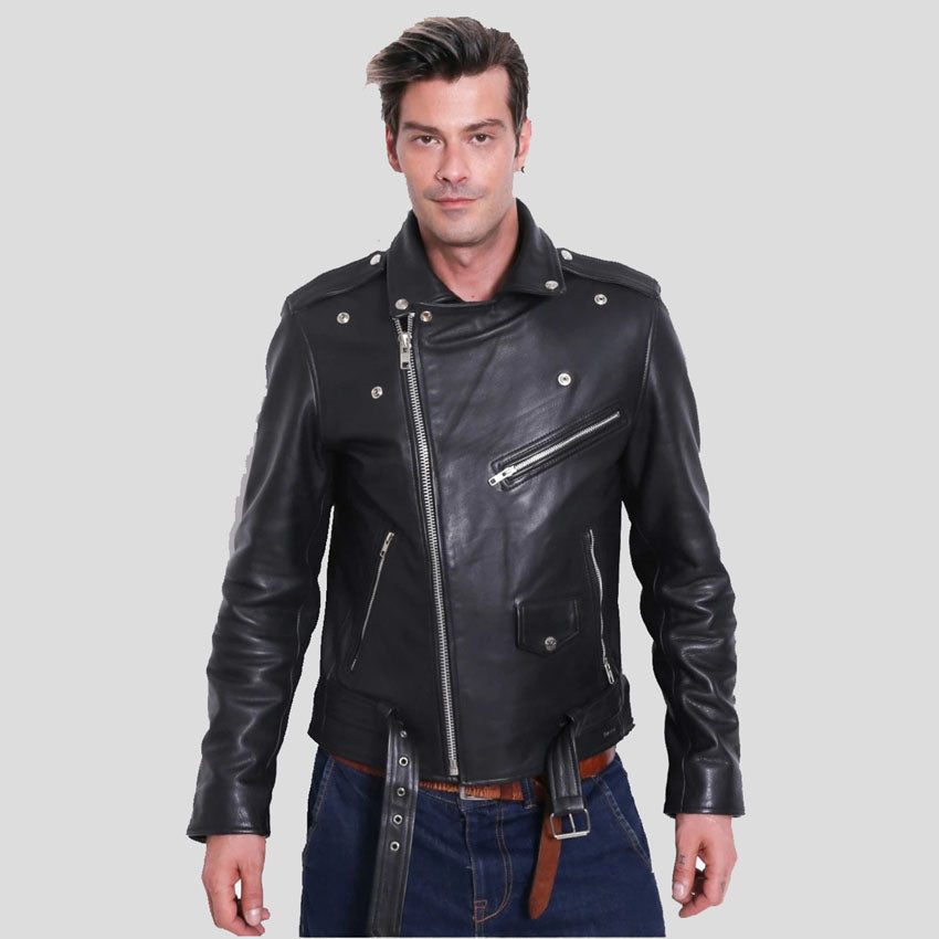 Men's Premium Buffalo Leather Motorcycle Jacket - Winter Biker Brando Style - AMSEL LEATHERS