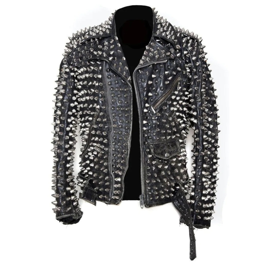 Men's Punk Metal Button Spiked Studded Leather Jacket - AMSEL LEATHERS