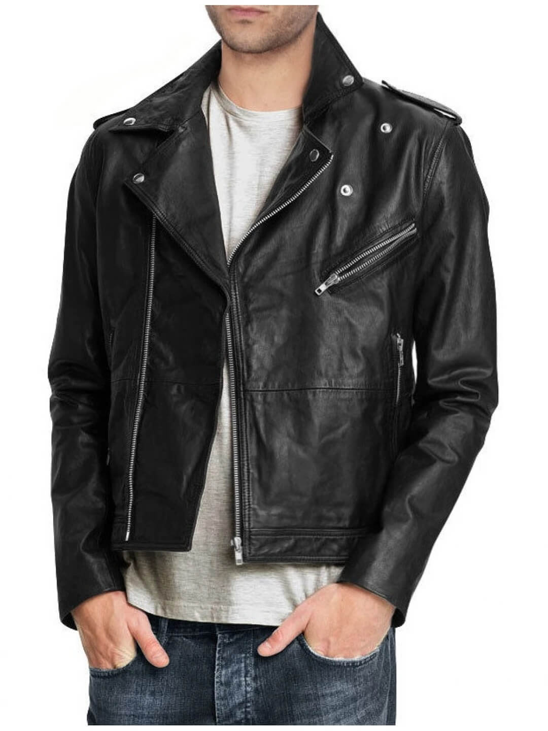 Men's Pure Black Leather Motorcycle Biker Jacket - AMSEL LEATHERS