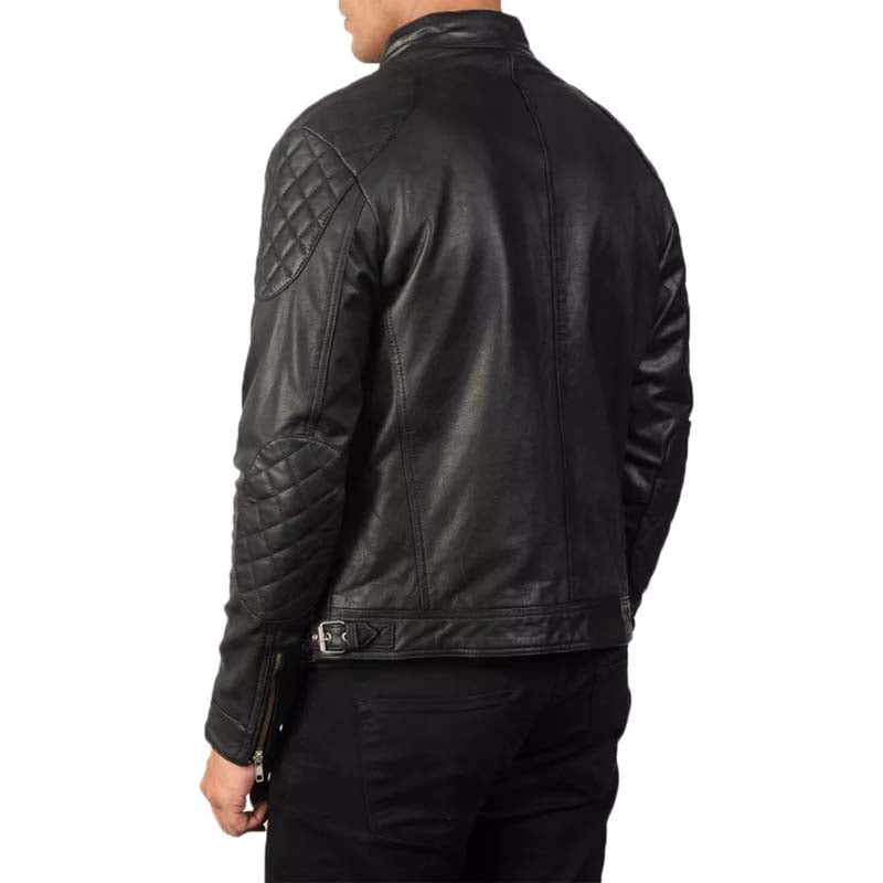 Men's Genuine Quilted Black Leather Cafe Racer Biker Jacket - AMSEL LEATHERS