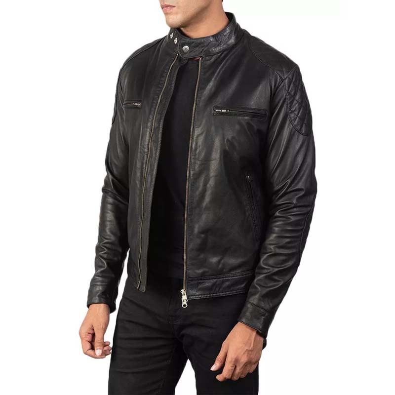 Men's Genuine Quilted Black Leather Cafe Racer Biker Jacket - AMSEL LEATHERS