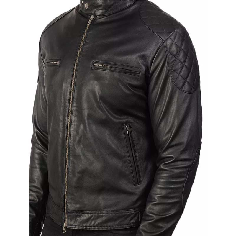 Men's Genuine Quilted Black Leather Cafe Racer Biker Jacket - AMSEL LEATHERS