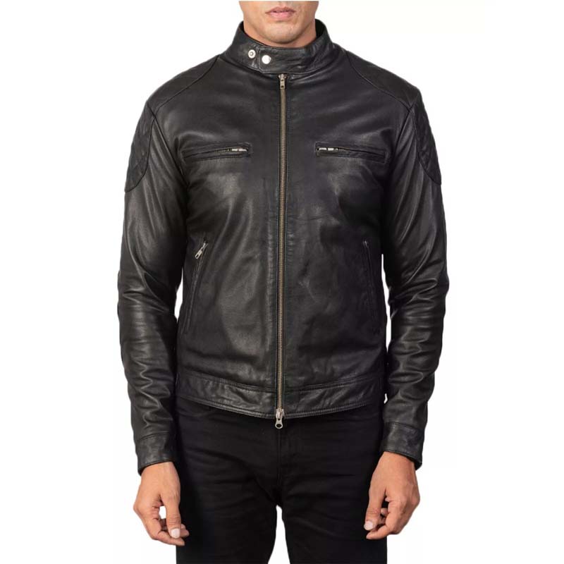 Men's Genuine Quilted Black Leather Cafe Racer Biker Jacket - AMSEL LEATHERS