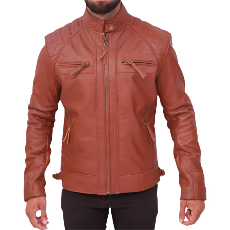 Men's Quilted Vintage Distressed Brown Leather Jacket - Café Racer Style - AMSEL LEATHERS