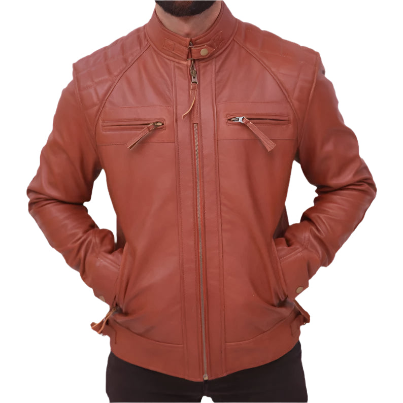 Men's Quilted Vintage Distressed Brown Leather Jacket - Café Racer Style - AMSEL LEATHERS