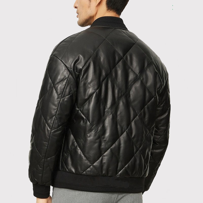 Men's Quilted Lambskin Leather Jacket with Down-Filled - AMSEL LEATHERS