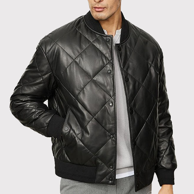 Men's Quilted Lambskin Leather Jacket with Down-Filled - AMSEL LEATHERS