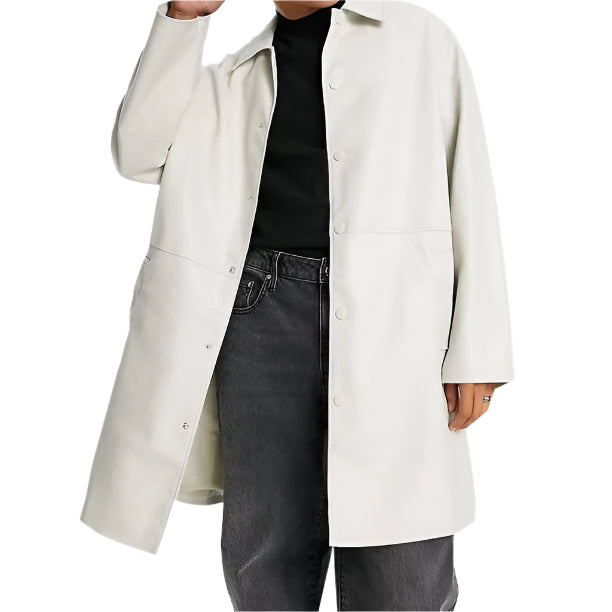 Sophisticated Men's White Cow Leather Trench Coat - AMSEL LEATHERS