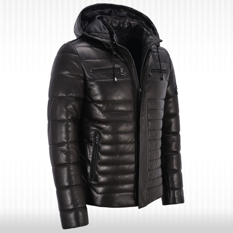 Men's Real Leather Puffer Hooded Jacket - Fully Quilted Black Hoodie - AMSEL LEATHERS