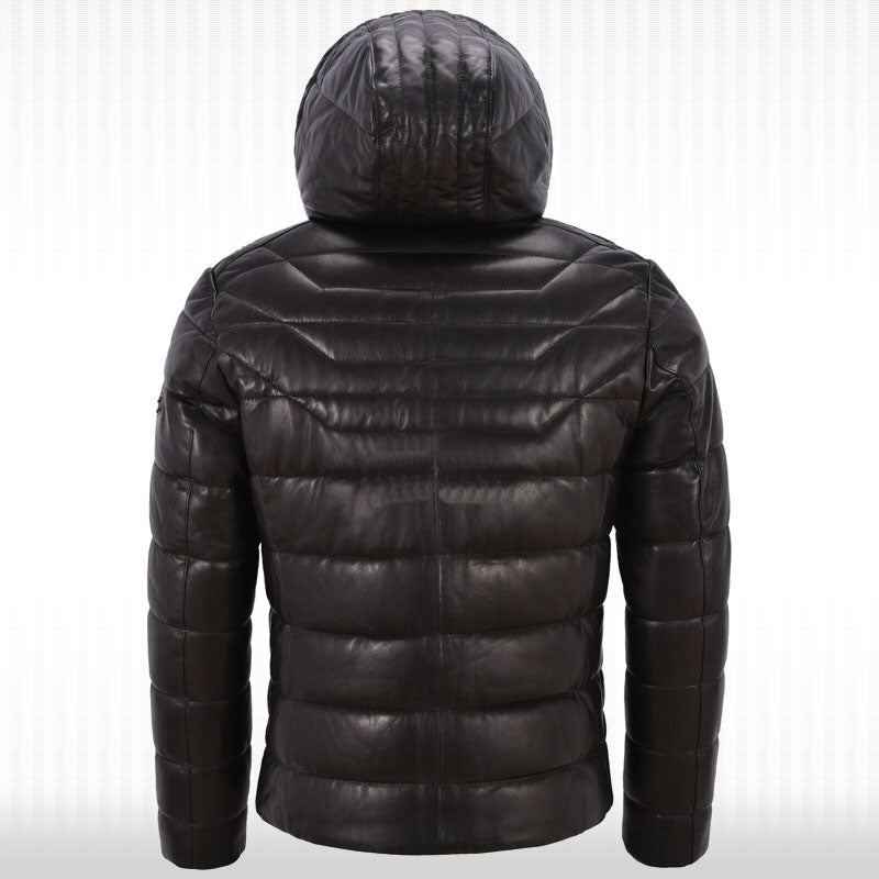 Men's Real Leather Puffer Hooded Jacket - Fully Quilted Black Hoodie - AMSEL LEATHERS